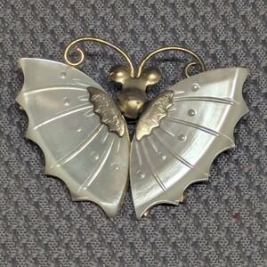 Vintage Mother of Pearl Butterfly Brooch Gold Tone Carved Shell Pin Iridescent